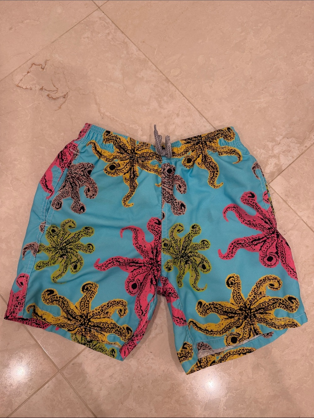 Boys Vilebrequin Turquoise Swim Shorts with Pink, Yellow & Black Octopus Print